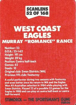 1989 Scanlens VFL #52 Murray Rance Back